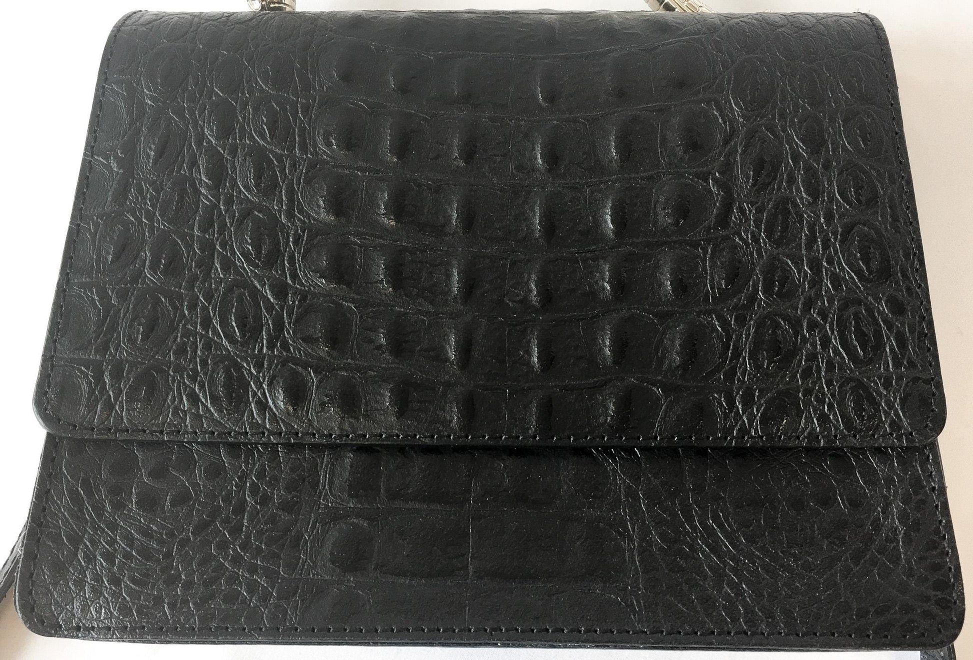 Black House of Harlow 1960 Croc Embossed Leather Gold Snake Handle Crossbody, Unique Statement Handbag