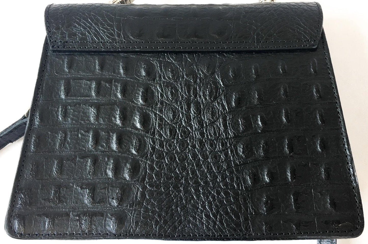Black House of Harlow 1960 Croc Embossed Leather Gold Snake Handle Crossbody, Unique Statement Handbag