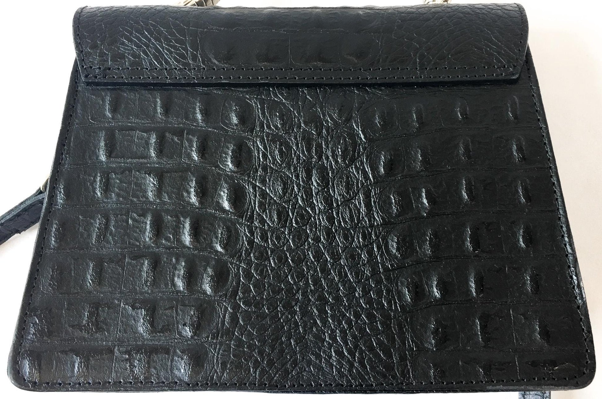 Black House of Harlow 1960 Croc Embossed Leather Gold Snake Handle Crossbody, Unique Statement Handbag