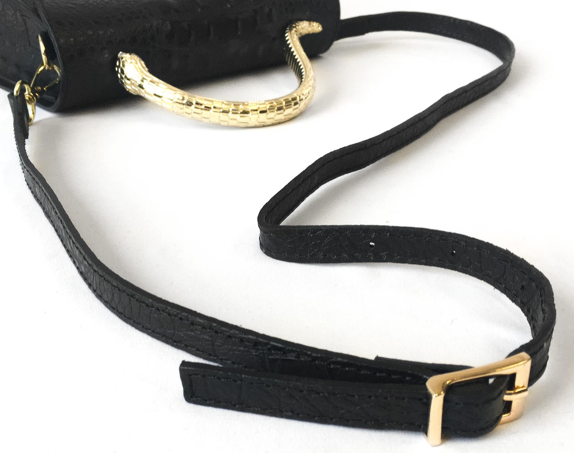 Black House of Harlow 1960 Croc Embossed Leather Gold Snake Handle Crossbody, Unique Statement Handbag