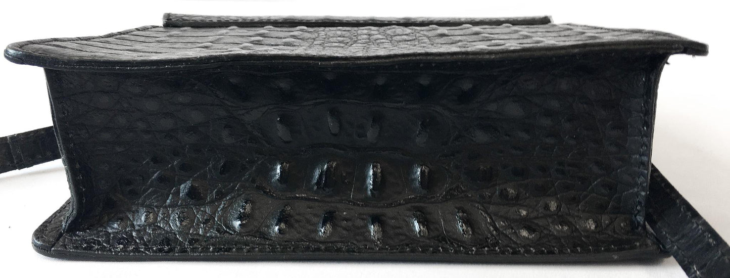 Black House of Harlow 1960 Croc Embossed Leather Gold Snake Handle Crossbody, Unique Statement Handbag