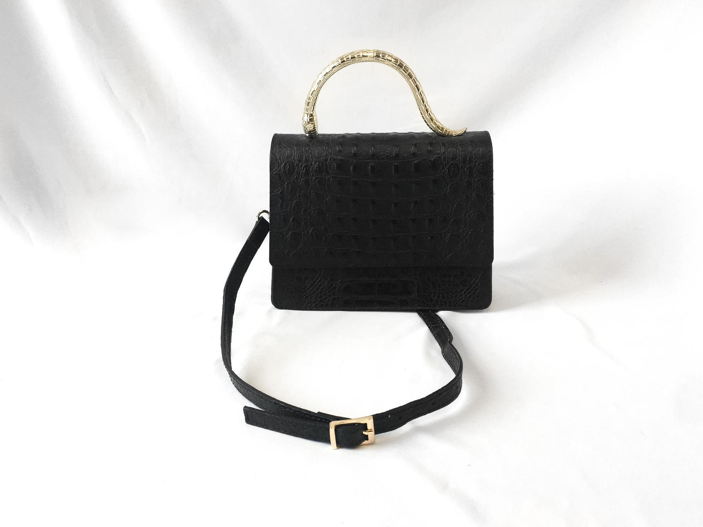 Black House of Harlow 1960 Croc Embossed Leather Gold Snake Handle Crossbody, Unique Statement Handbag