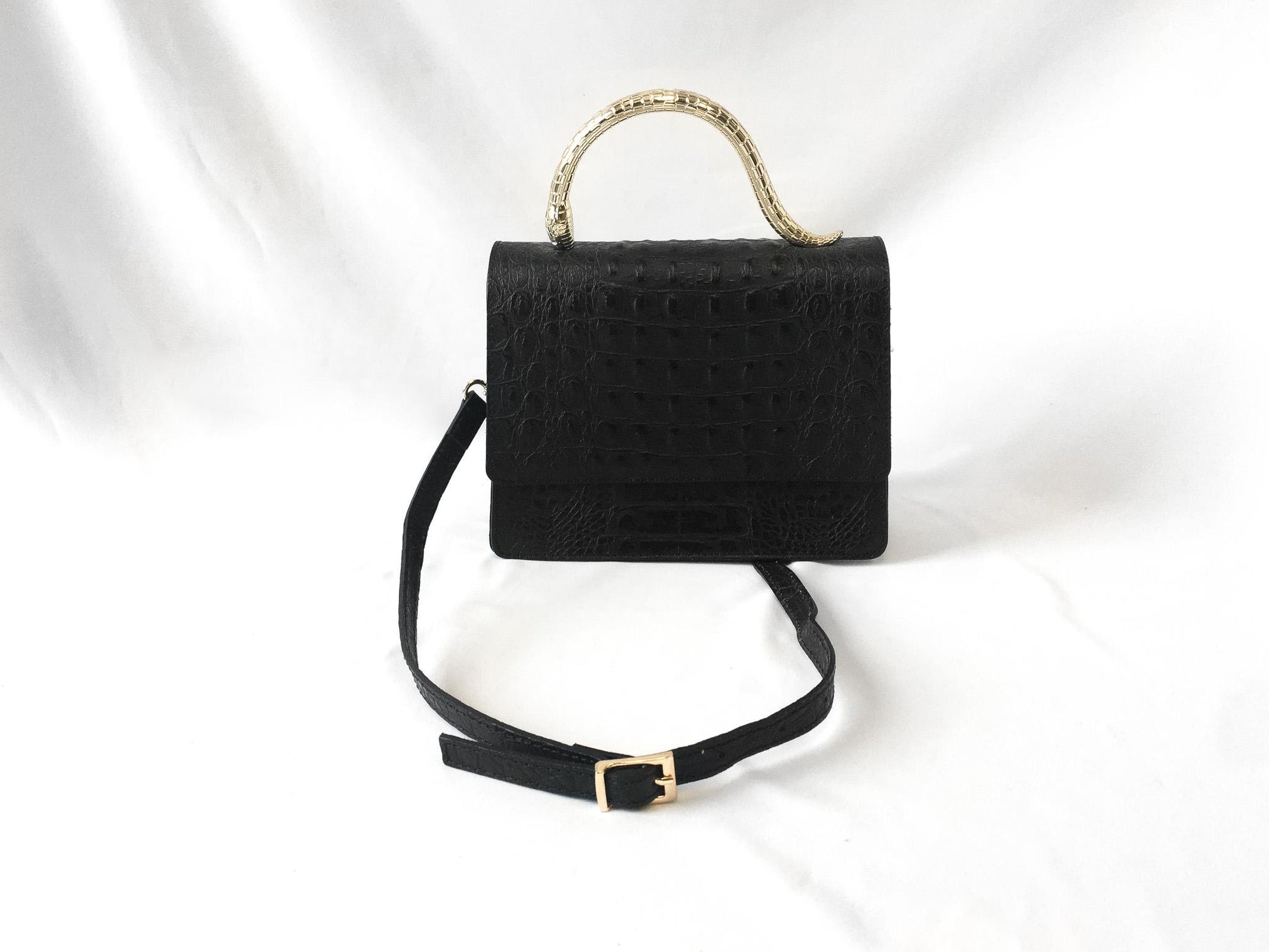 Black House of Harlow 1960 Croc Embossed Leather Gold Snake Handle Crossbody, Unique Statement Handbag