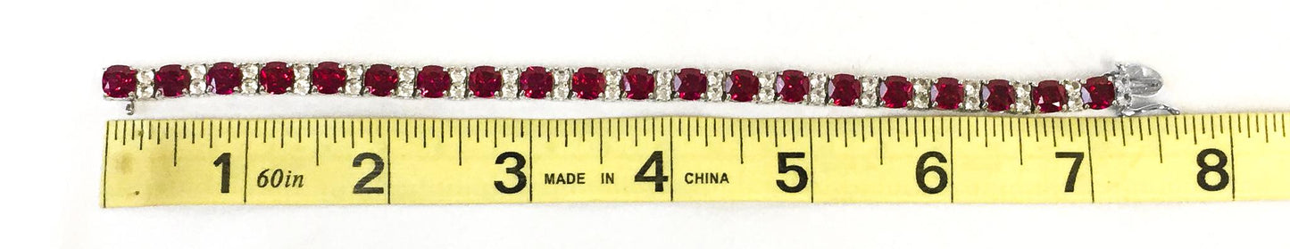 925 Silver Ruby and White Sapphire Tennis Bracelet, 7.5", Vintage Elegant Art Deco Cocktail Style Bracelet