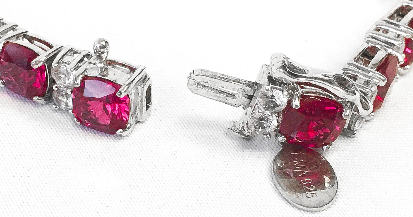 925 Silver Ruby and White Sapphire Tennis Bracelet, 7.5", Vintage Elegant Art Deco Cocktail Style Bracelet