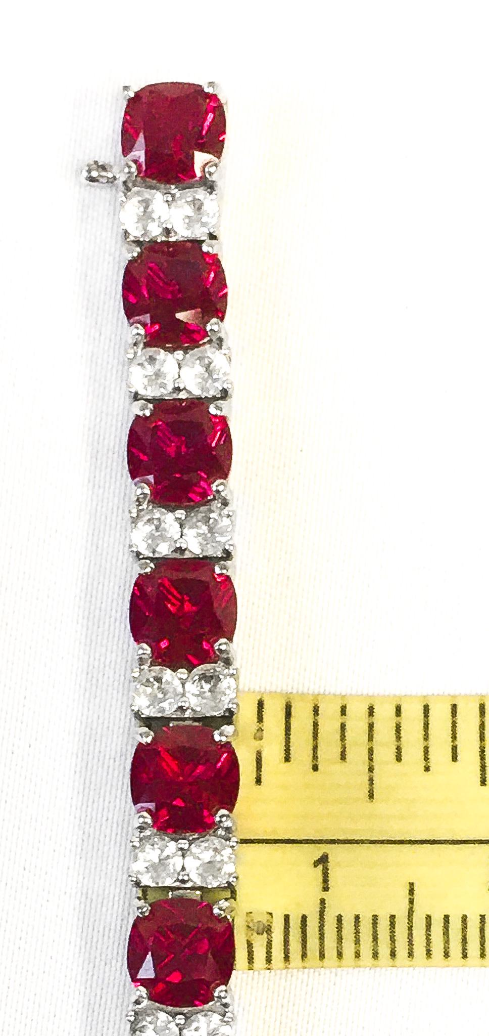925 Silver Ruby and White Sapphire Tennis Bracelet, 7.5", Vintage Elegant Art Deco Cocktail Style Bracelet