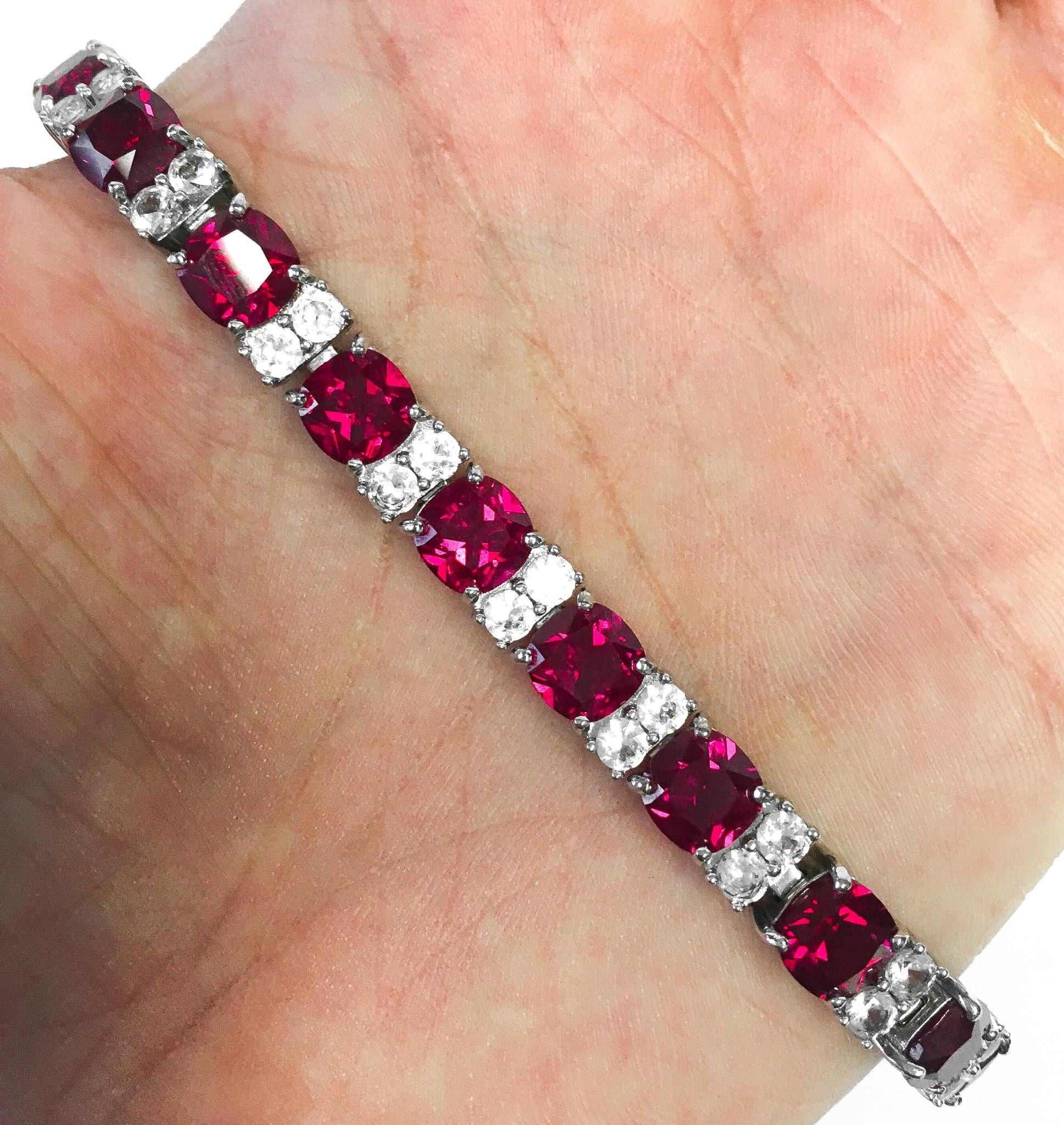 925 Silver Ruby and White Sapphire Tennis Bracelet, 7.5", Vintage Elegant Art Deco Cocktail Style Bracelet