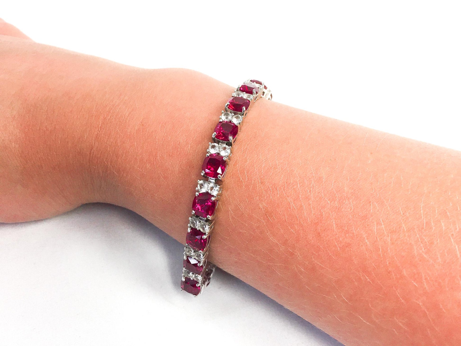 925 Silver Ruby and White Sapphire Tennis Bracelet, 7.5", Vintage Elegant Art Deco Cocktail Style Bracelet