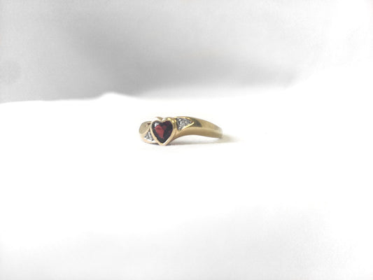 Vintage 10K Yellow Gold Garnet and Diamond Heart Asymmetrical Ring, Sz. 7.5, Vintage Gold Heart Birthstone Ring