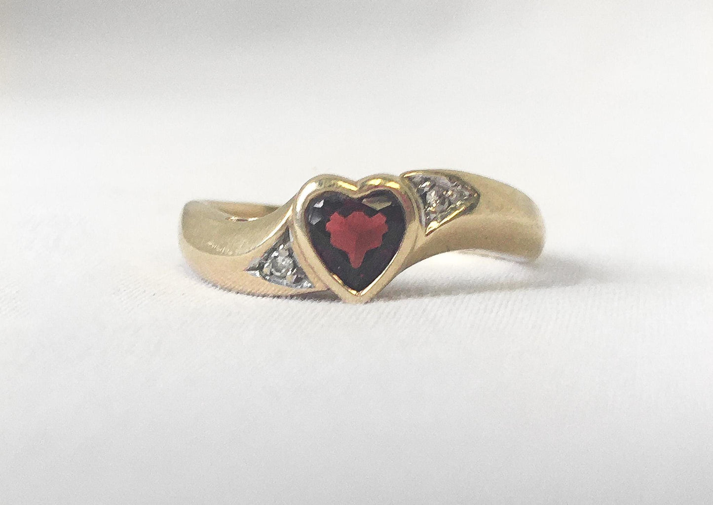 Vintage 10K Yellow Gold Garnet and Diamond Heart Asymmetrical Ring, Sz. 7.5, Vintage Gold Heart Birthstone Ring