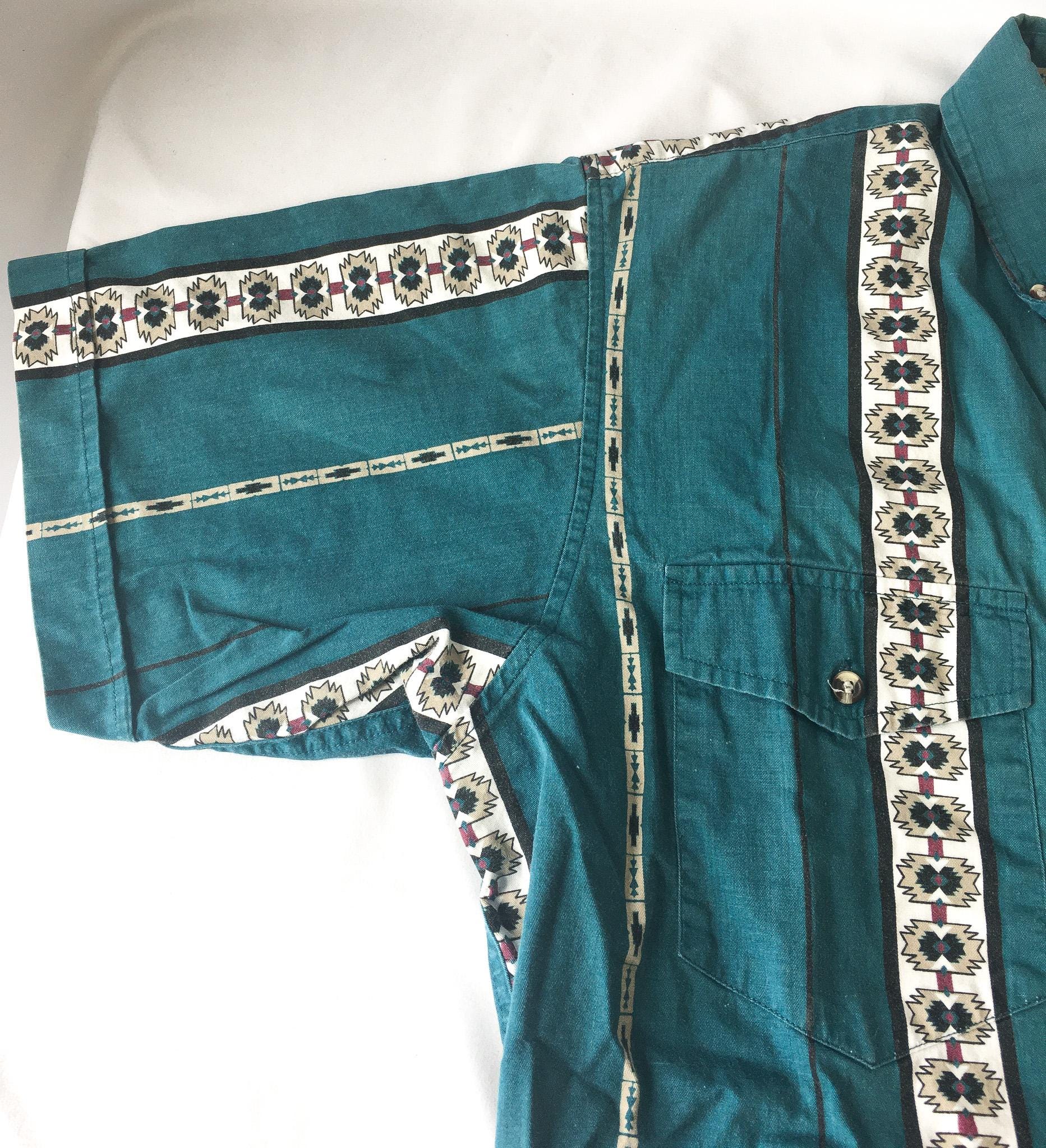 Vintage Cumberland Teal/Cream Southwest Aztec Patterned Print Button Up, Men's Sz. L, Vintage Unisex Western Top