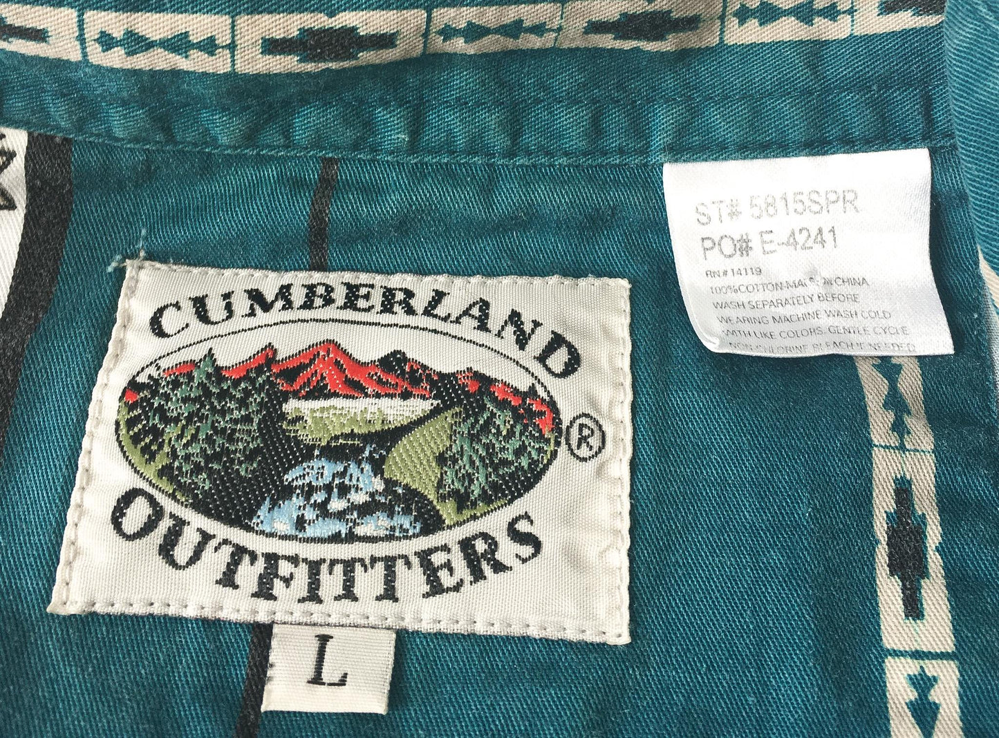 Vintage Cumberland Teal/Cream Southwest Aztec Patterned Print Button Up, Men's Sz. L, Vintage Unisex Western Top