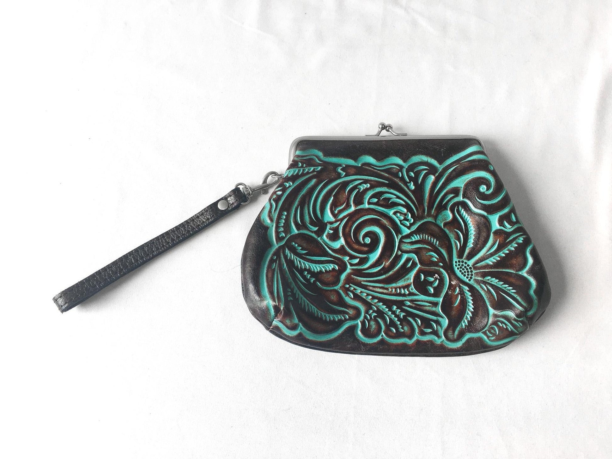 Vintage Inspired Patricia Nash Savena Brown Teal Tooled Leather Clutch Wristlet Coin Pouch, Unique Western Boho Wristlet Handbag