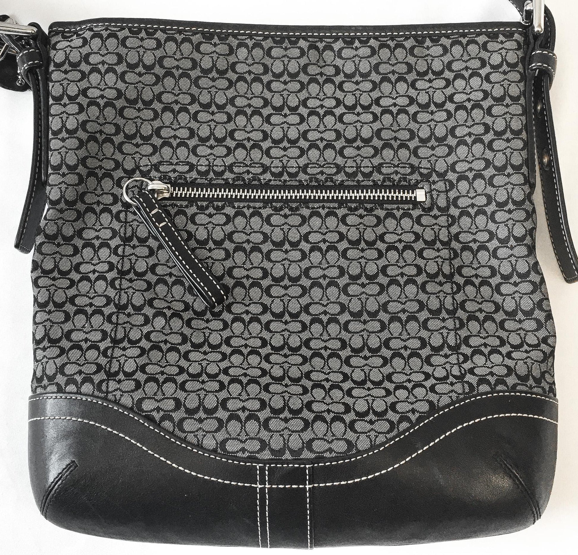 00s Coach Signature C Monogram Black Gray Leather Canvas Crossbody Shoulder Bag, Style #10944, Y2K Coach Handbag