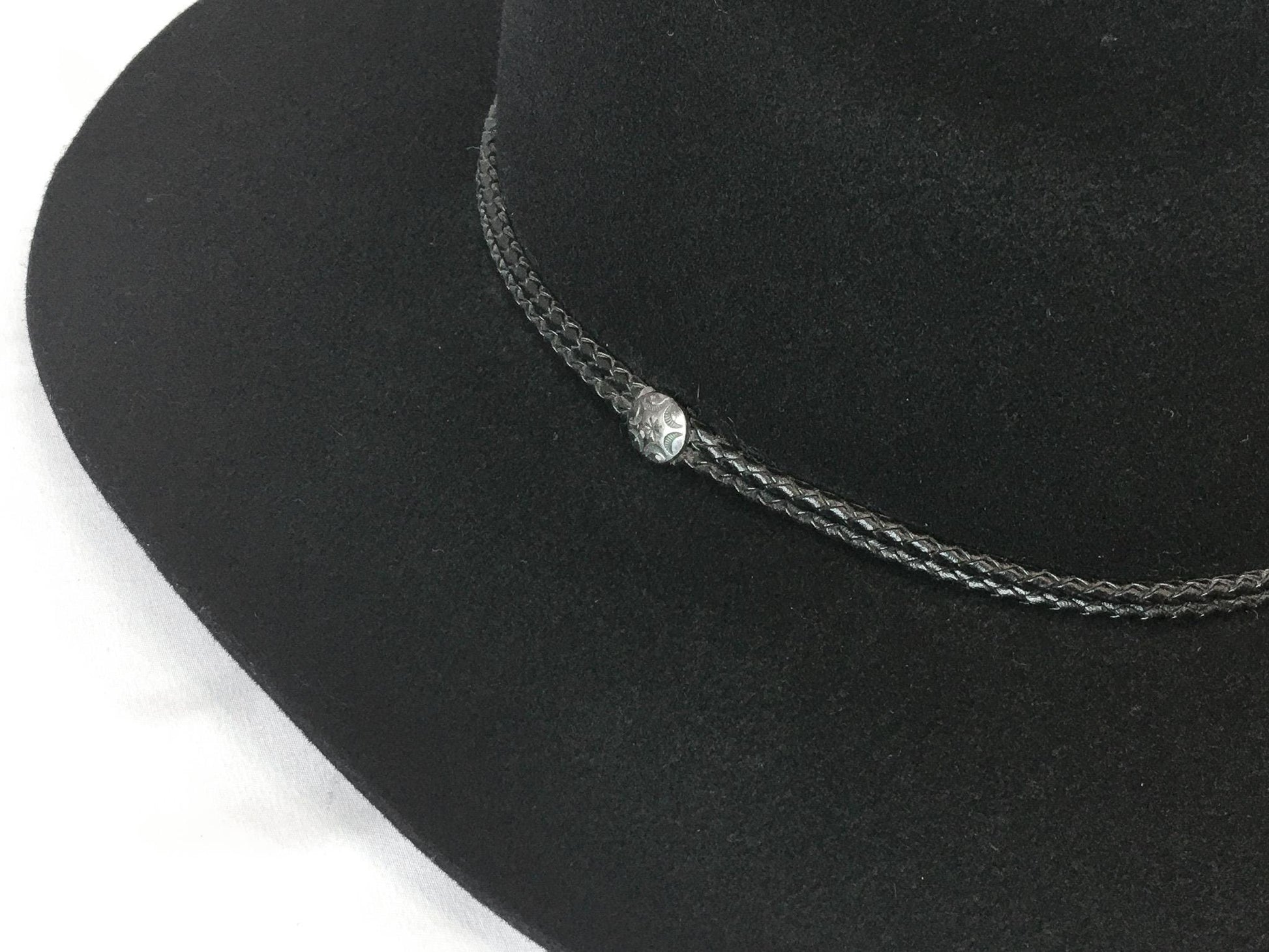 Vintage Inspired Stetson Black Felt Flatbrim Cowboy Hat with Woven Leather Band Detail, Sz. 6 3/4, Vintage Western Hat