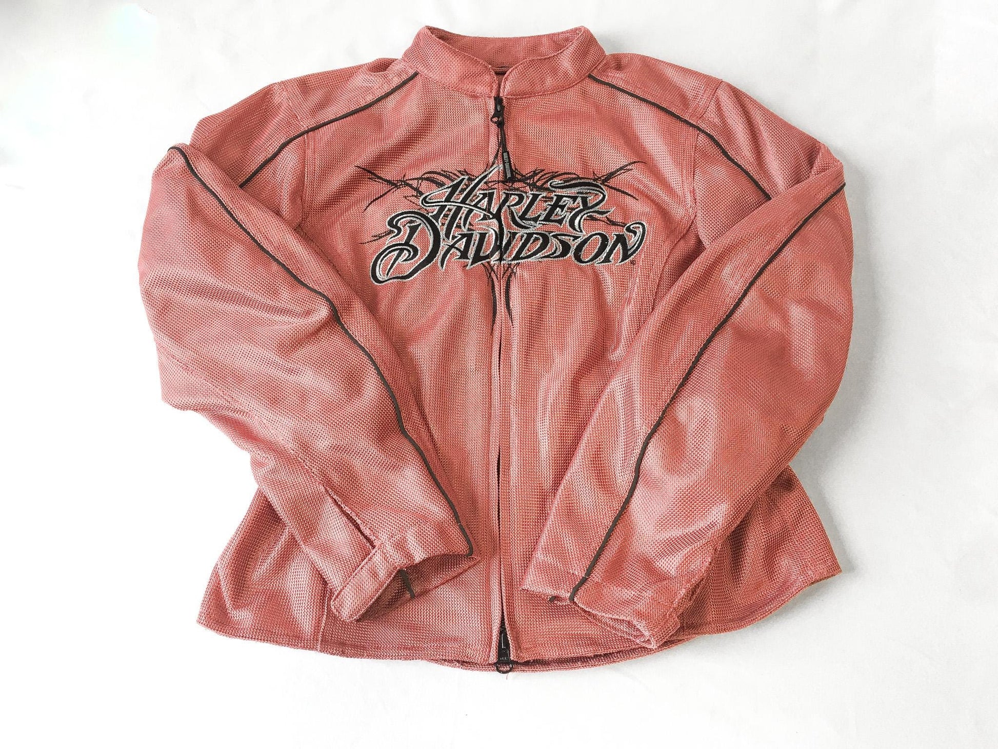 00s Harley Davidson Pink/Red Mesh Embroidered Motorcycle Riding Jacket, Women's Sz. XS, Vintage Biker Moto Style Jacket