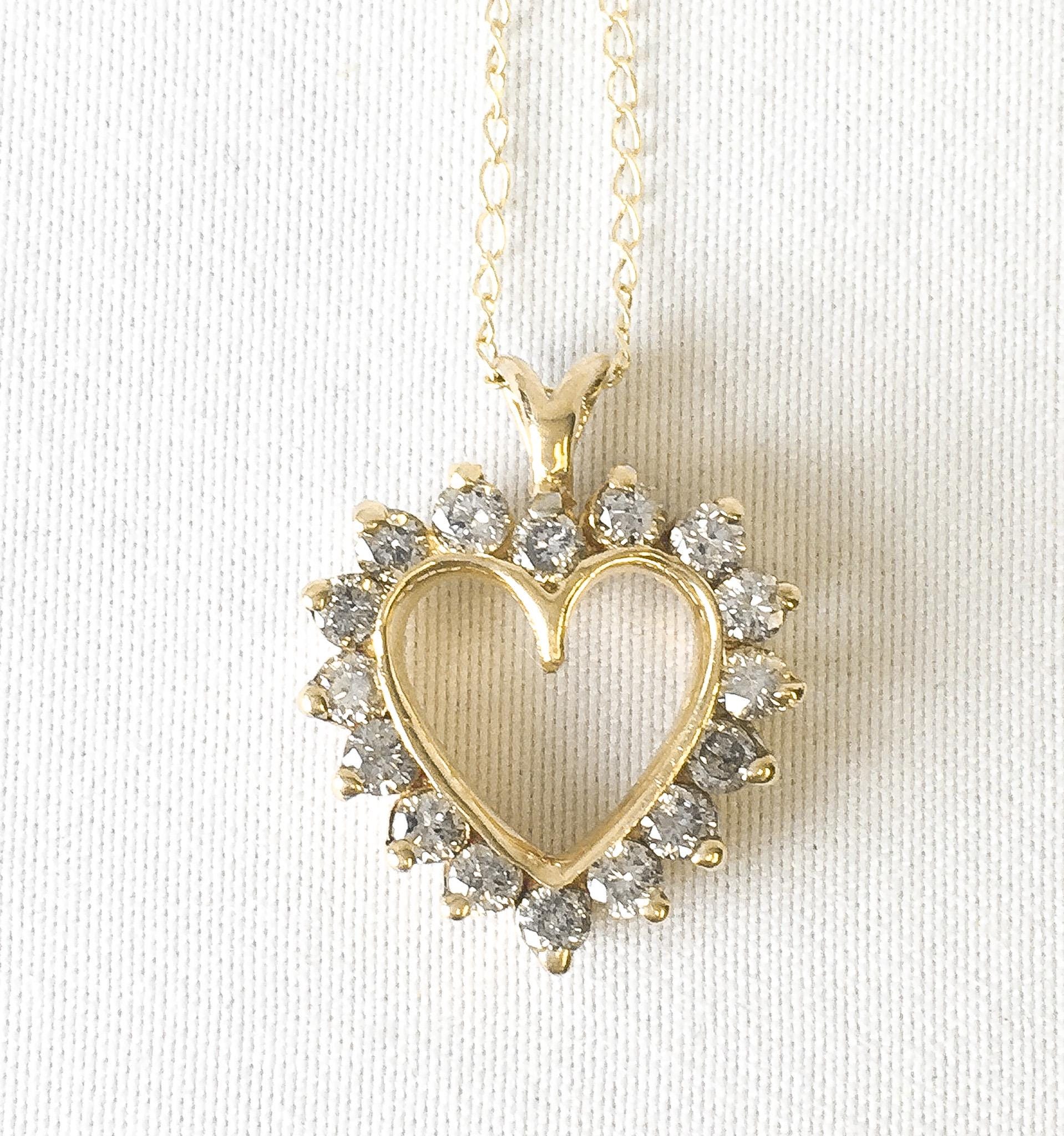 Vintage 10K Yellow Gold Diamond Open Heart 16" Necklace, 10K Chain, Vintage Classy Elegant Dainty Heart Necklace