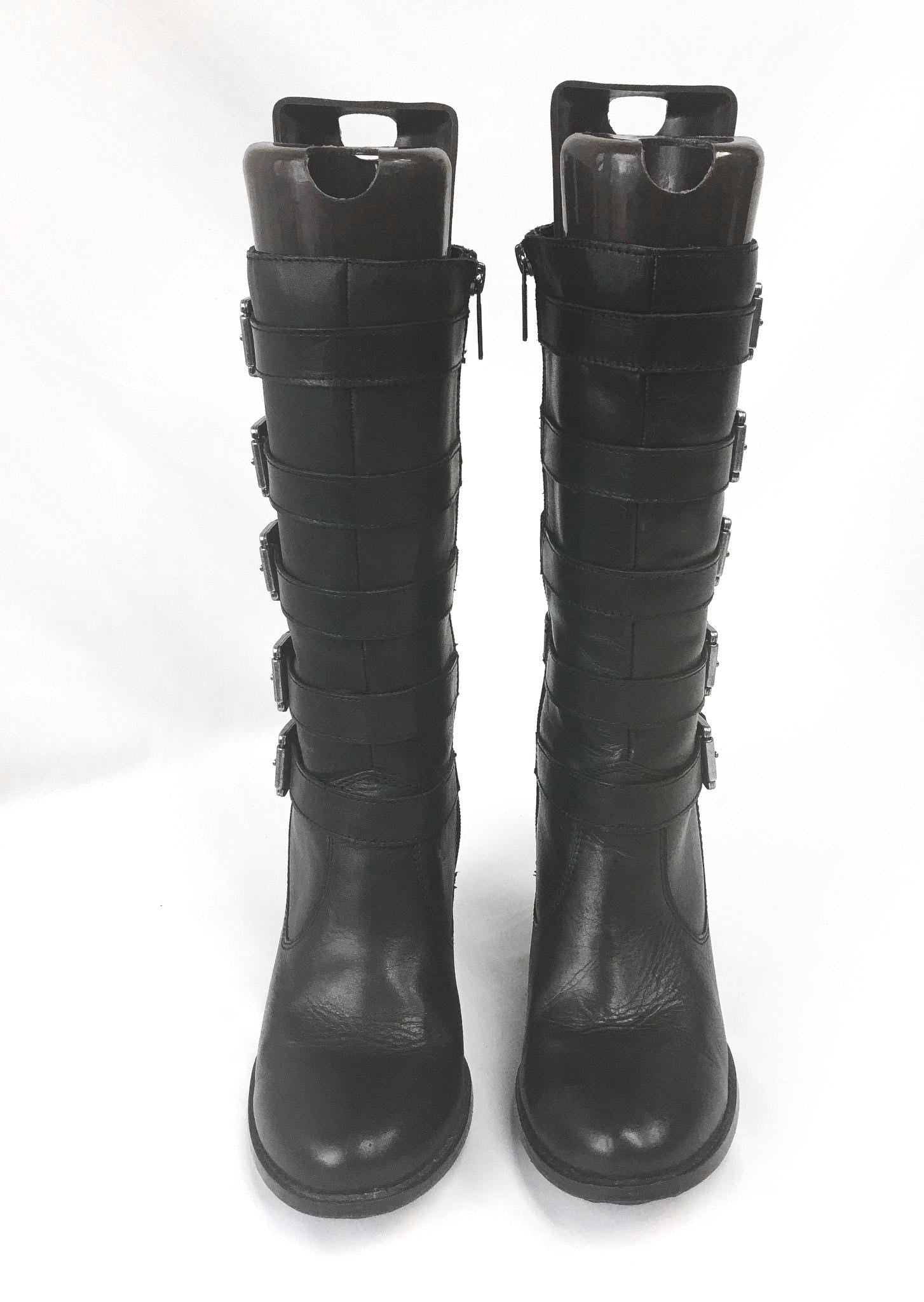 Black Harley Davidson Chillion Buckle Leather Platform Boots, Women's Sz. 8, Biker Moto Style Statement Boots