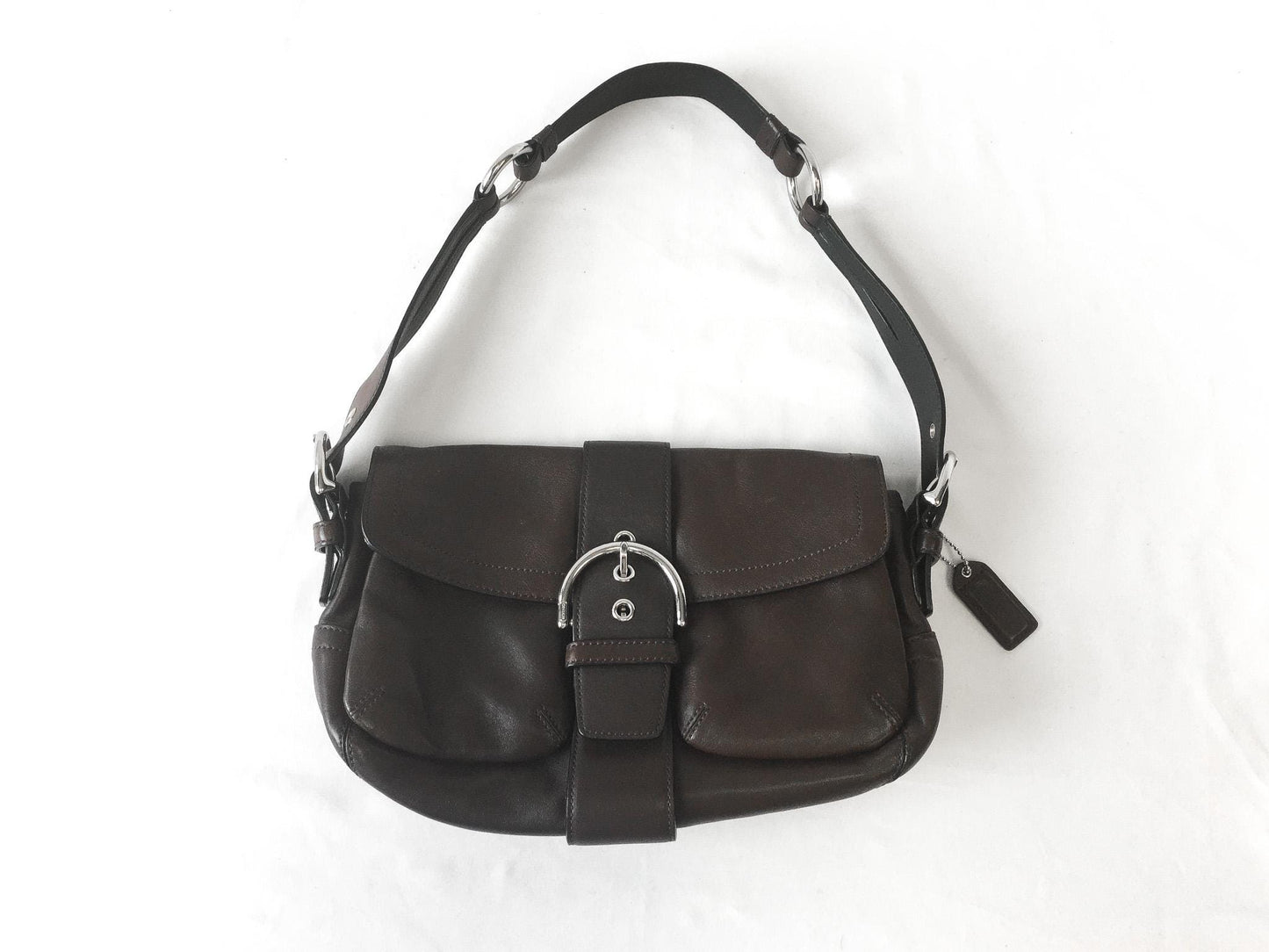 Y2K Coach Dark Brown Soho Buckle Double Pocket Shoulder Bag, Style #3653, Vintage Everyday Classic Coach Handbag