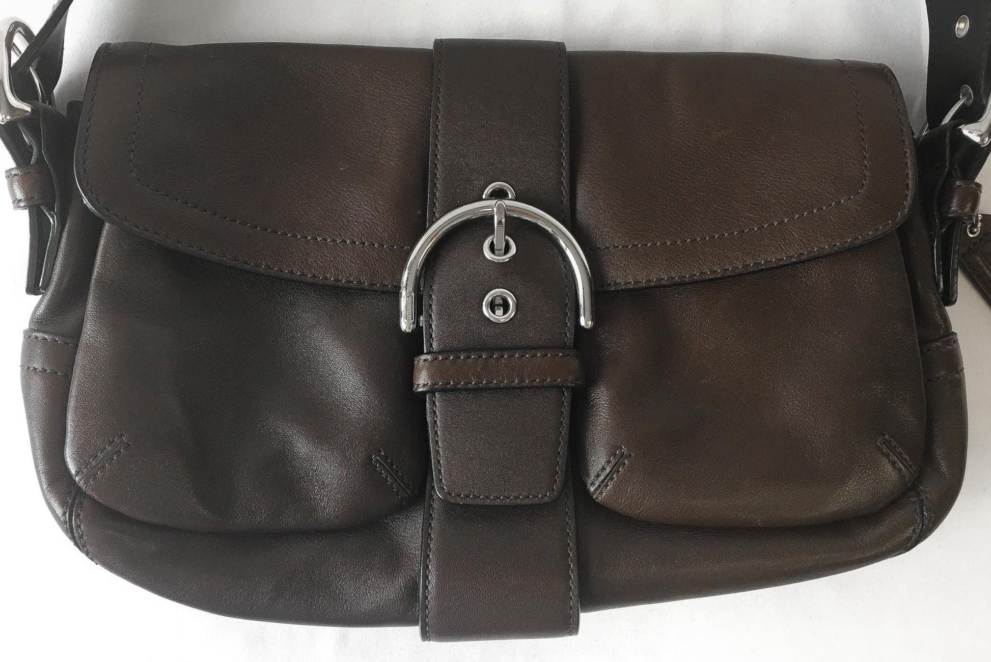 Y2K Coach Dark Brown Soho Buckle Double Pocket Shoulder Bag, Style #3653, Vintage Everyday Classic Coach Handbag