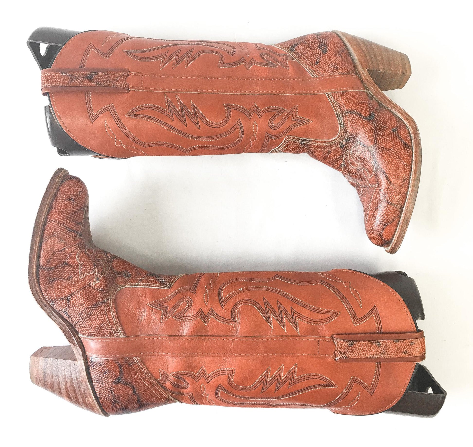 70s Miss Capezio Coral/Orange Snakeskin Stacked Heel Cowboy Boots, Women's Sz. 7M, Vintage Unique Western Festival Cowgirl Boots