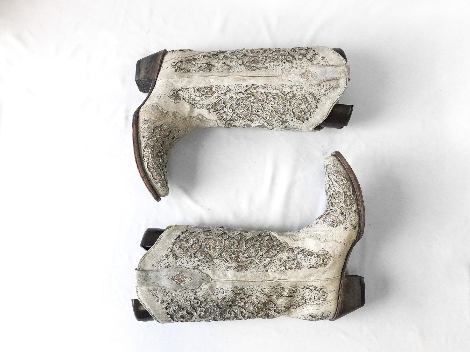 Vintage Inspired Corral Off-White Glitter Inlay Rhinestone Cowboy Boots, Style A3322, Women's Sz. 9M, Unique Statement Festival Western Boot