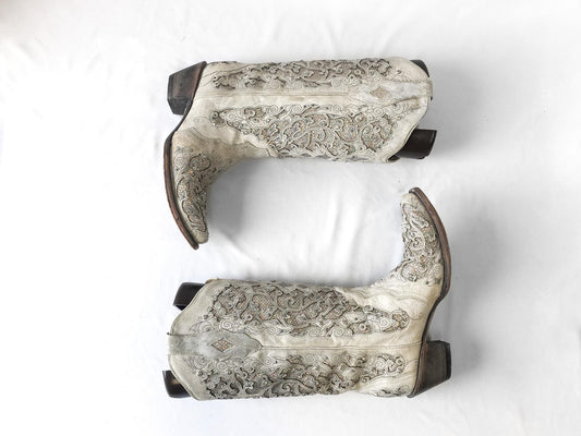 Vintage Inspired Corral Off-White Glitter Inlay Rhinestone Cowboy Boots, Style A3322, Women's Sz. 9M, Unique Statement Festival Western Boot