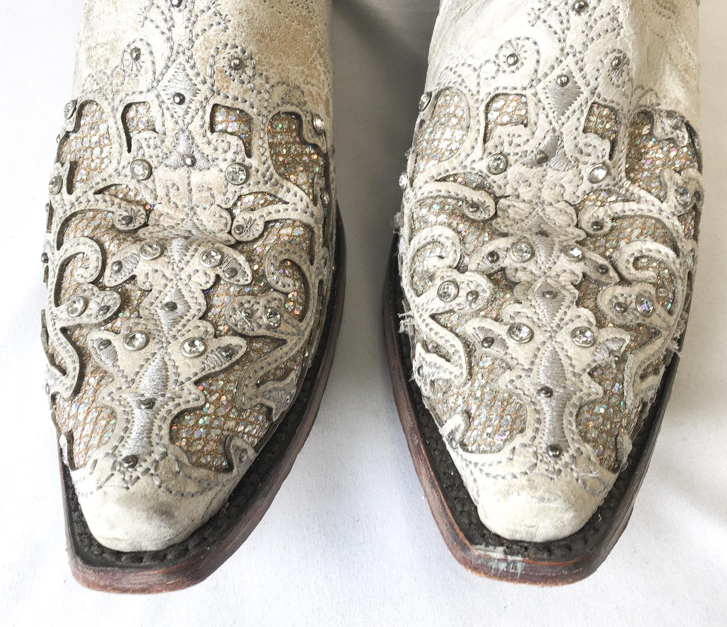Vintage Inspired Corral Off-White Glitter Inlay Rhinestone Cowboy Boots, Style A3322, Women's Sz. 9M, Unique Statement Festival Western Boot