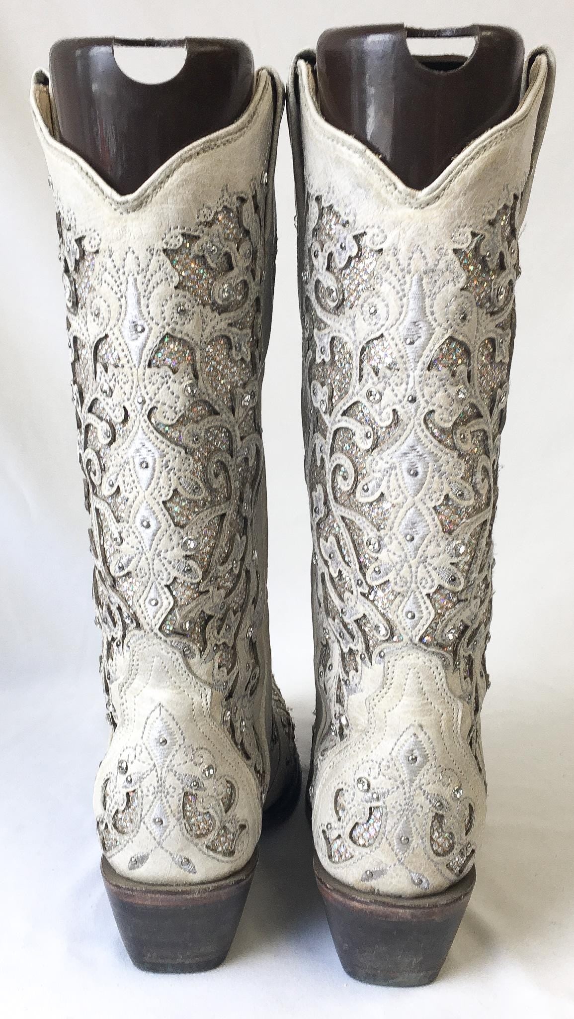 Vintage Inspired Corral Off-White Glitter Inlay Rhinestone Cowboy Boots, Style A3322, Women's Sz. 9M, Unique Statement Festival Western Boot