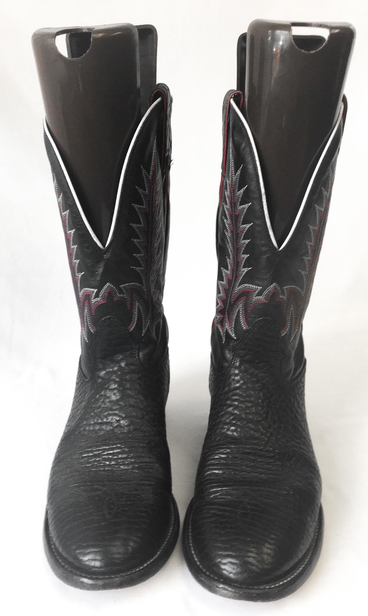 Vintage Nocona Black Bull Leather Cowboy Boots with Red Embroidery, Style #3013, Sz. 10.5D, Vintage Western Boots