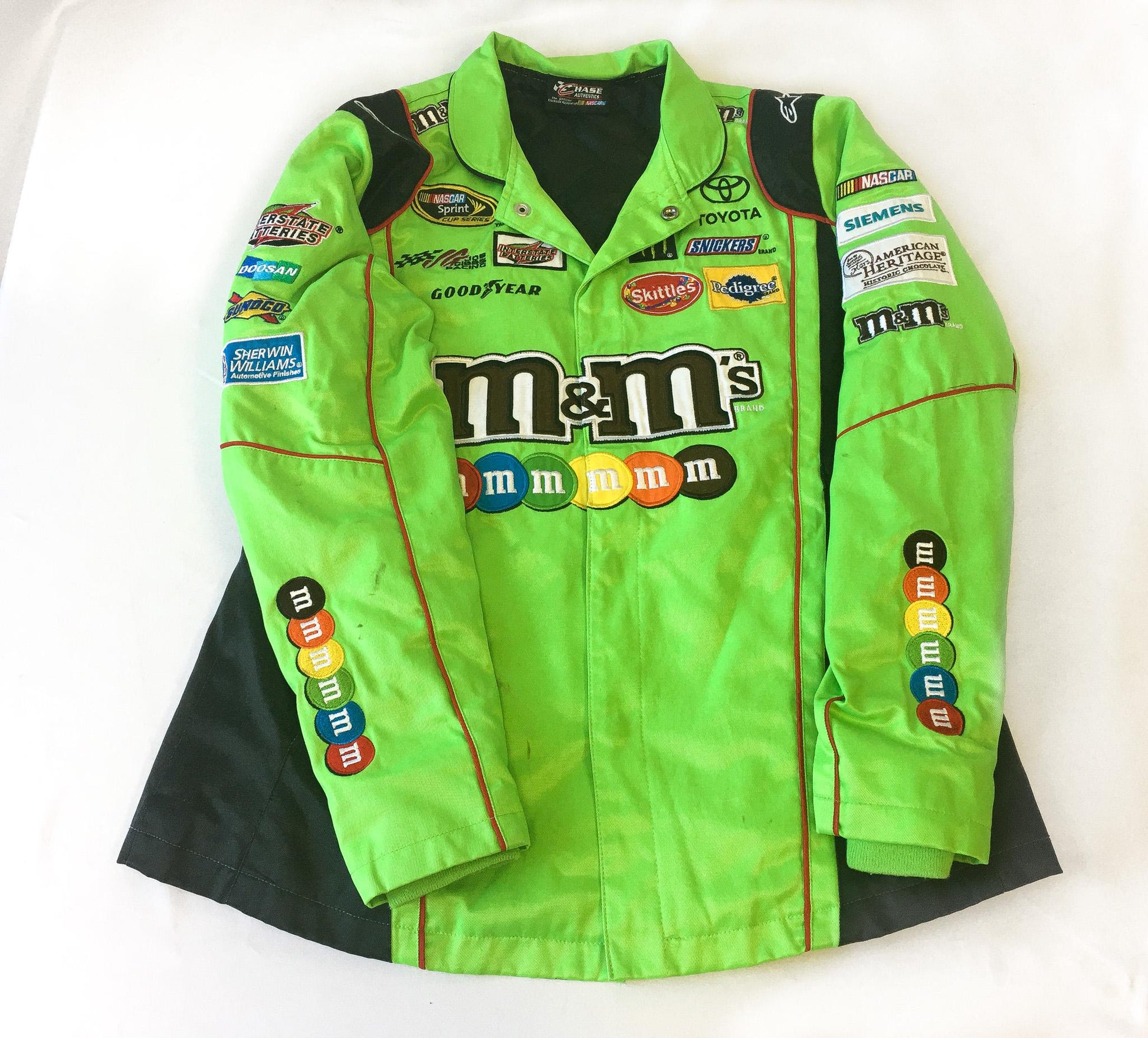 Vintage Chase Authentics M&M Kyle Busch Lime Green/Black Racing Jacket, Men's Sz. S, Vintage Racing Streetwear Jacket
