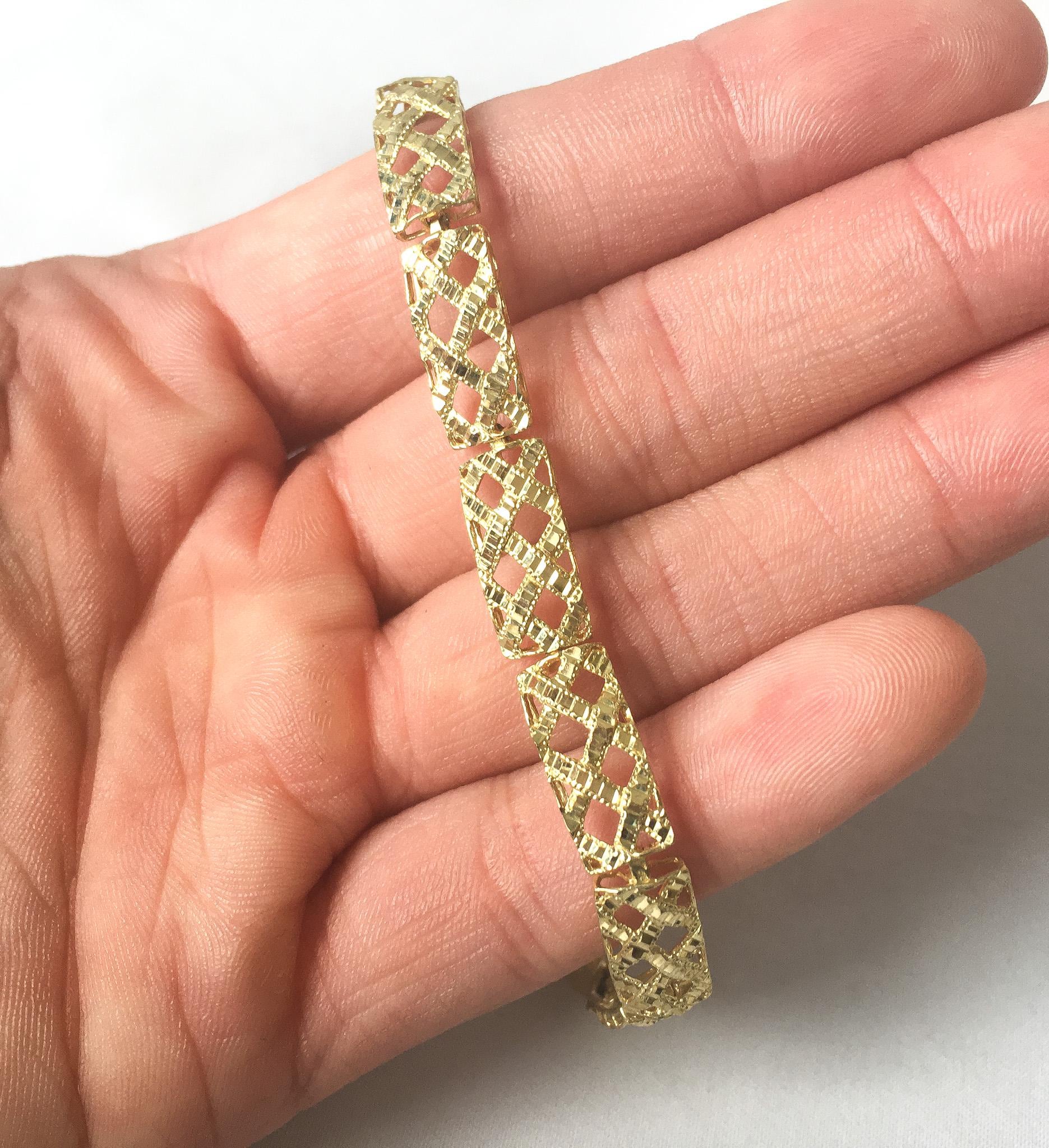 10K Yellow Gold Filigree Diamond Cut Hollow Chain Bracelet, 7", 5mm Width, Simple Everyday Stackable Chain Bracelet