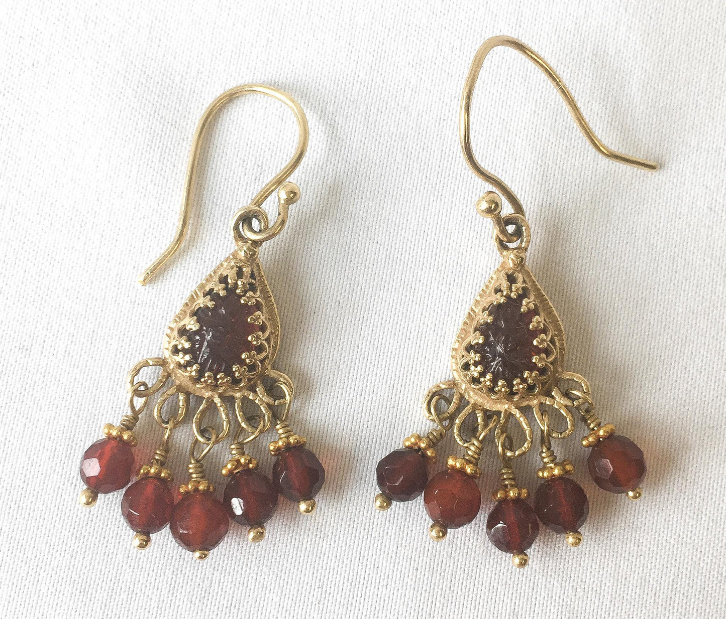 14K Becky Kelso Jade Red Beaded Chandelier Dangle Earrings, Vintage Boho Earrings