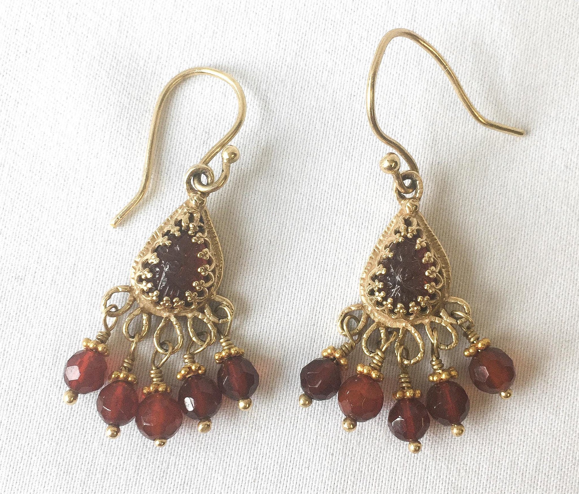 14K Becky Kelso Jade Red Beaded Chandelier Dangle Earrings, Vintage Boho Earrings