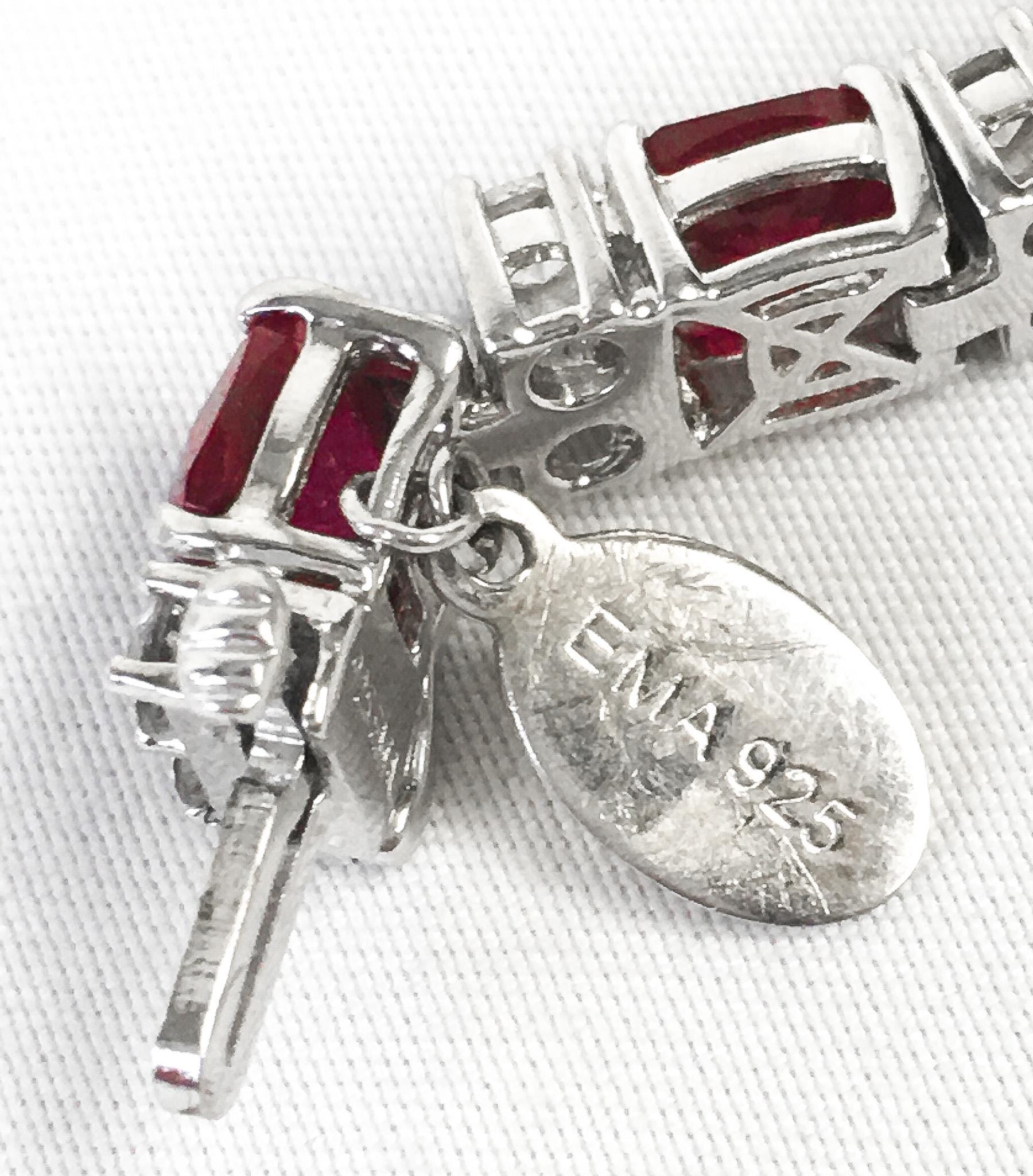 925 Silver Ruby and White Sapphire Tennis Bracelet, 7.5", Vintage Elegant Art Deco Cocktail Style Bracelet