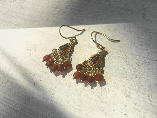 14K Becky Kelso Jade Red Beaded Chandelier Dangle Earrings, Vintage Boho Earrings