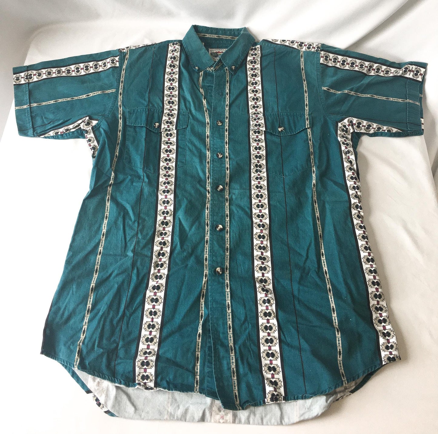 Vintage Cumberland Teal/Cream Southwest Aztec Patterned Print Button Up, Men's Sz. L, Vintage Unisex Western Top