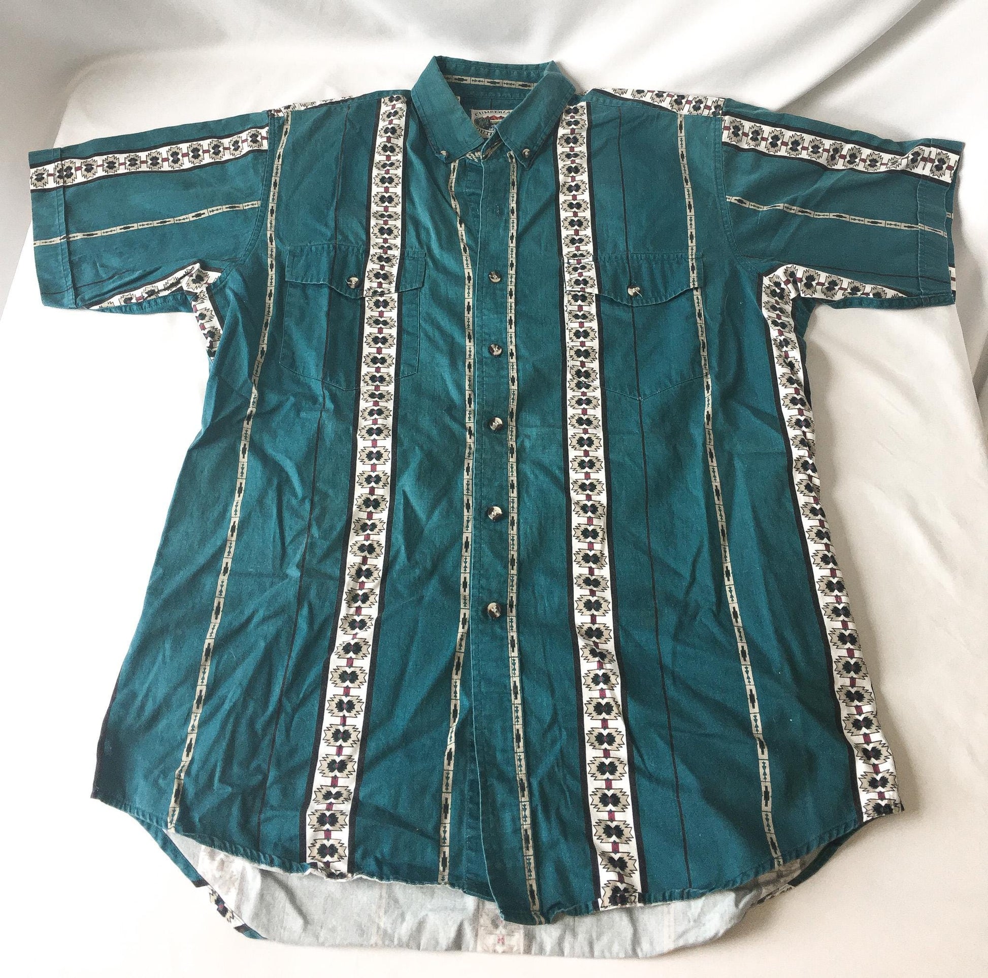 Vintage Cumberland Teal/Cream Southwest Aztec Patterned Print Button Up, Men's Sz. L, Vintage Unisex Western Top