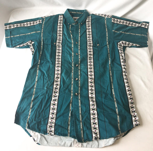 Vintage Cumberland Teal/Cream Southwest Aztec Patterned Print Button Up, Men's Sz. L, Vintage Unisex Western Top