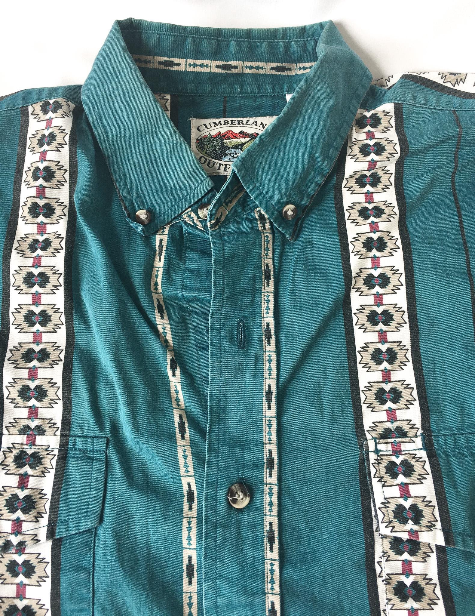 Vintage Cumberland Teal/Cream Southwest Aztec Patterned Print Button Up, Men's Sz. L, Vintage Unisex Western Top