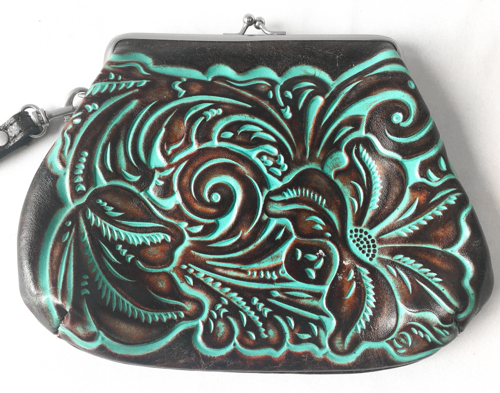 Vintage Inspired Patricia Nash Savena Brown Teal Tooled Leather Clutch Wristlet Coin Pouch, Unique Western Boho Wristlet Handbag