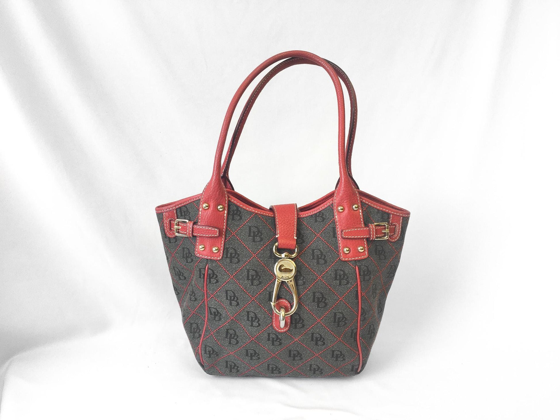 00s Dooney and Bourke Red Gray Monogram Logo LockTulip Canvas Leather Top Handle Satchel Shoulder Bag, Y2K Dooney Handbag