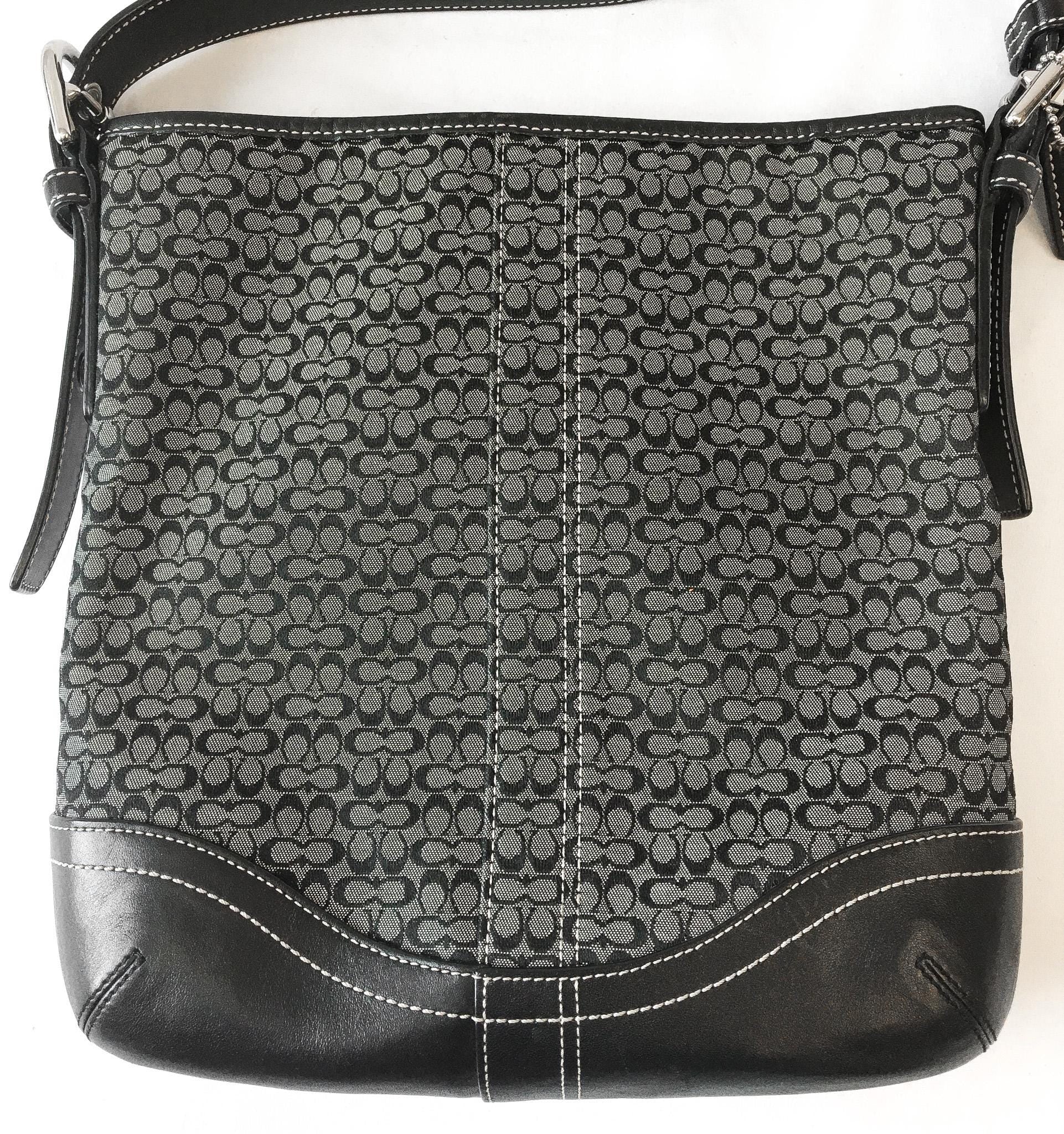 00s Coach Signature C Monogram Black Gray Leather Canvas Crossbody Shoulder Bag, Style #10944, Y2K Coach Handbag