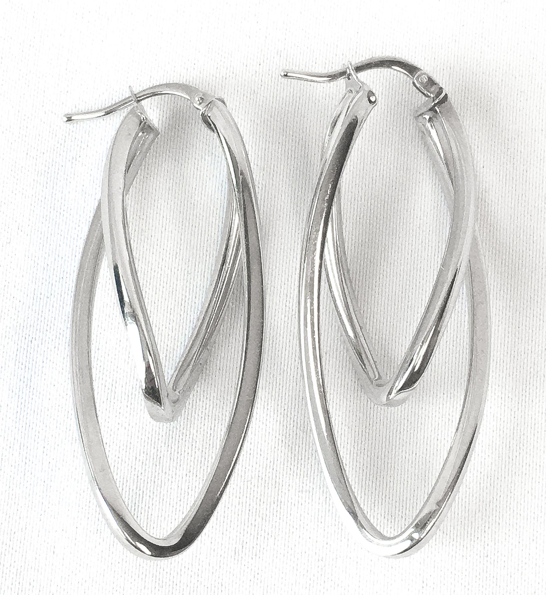 14K Italy White Gold Oblong Double Twisted Hoop Earrings, 2", 3.6 Grams, Unique White Gold Silver Hoops