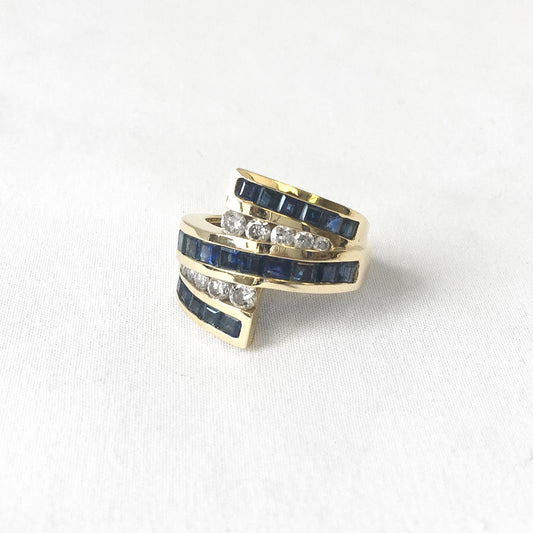 Vintage 14K Gold Diamond Sapphire Wrap Around Cocktail Ring, Sz. 6.5, Vintage Art Deco Statement Ring