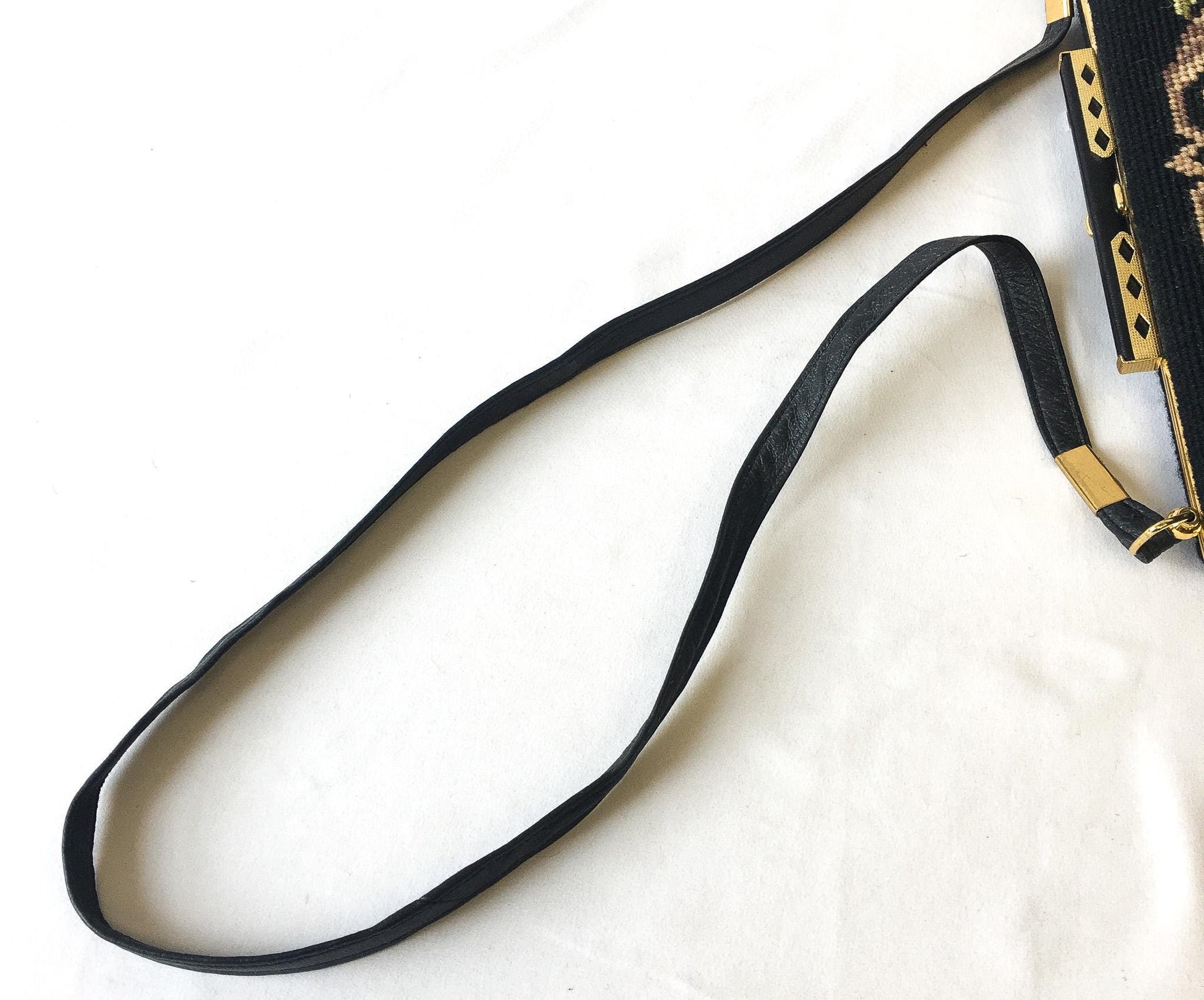70s Black Floral Needlepoint Tapestry Crossbody Bag, Vintage Unique Boho Style Handbag
