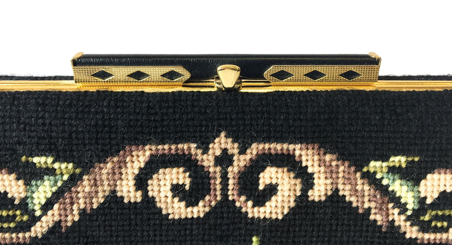 70s Black Floral Needlepoint Tapestry Crossbody Bag, Vintage Unique Boho Style Handbag