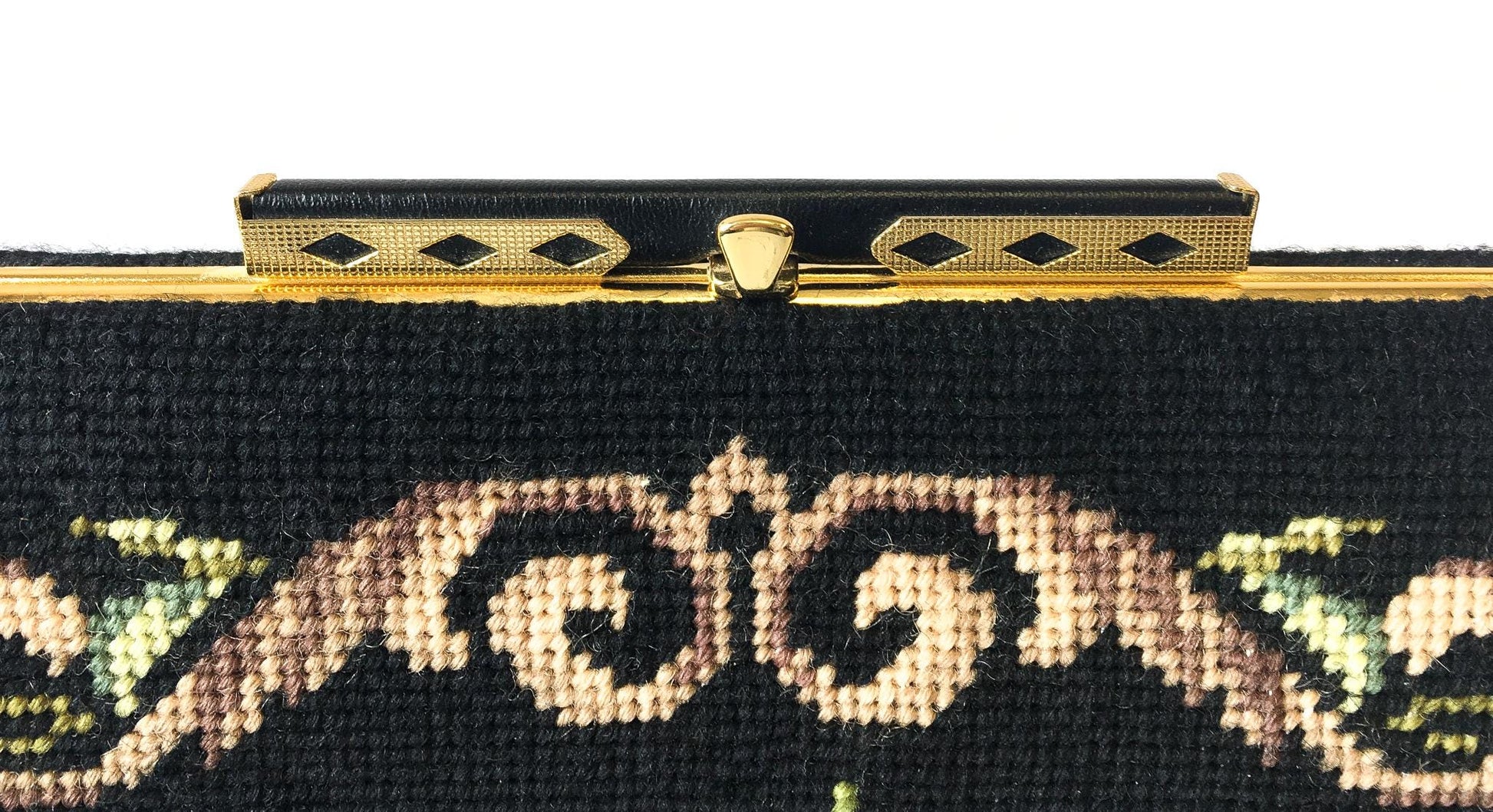 70s Black Floral Needlepoint Tapestry Crossbody Bag, Vintage Unique Boho Style Handbag