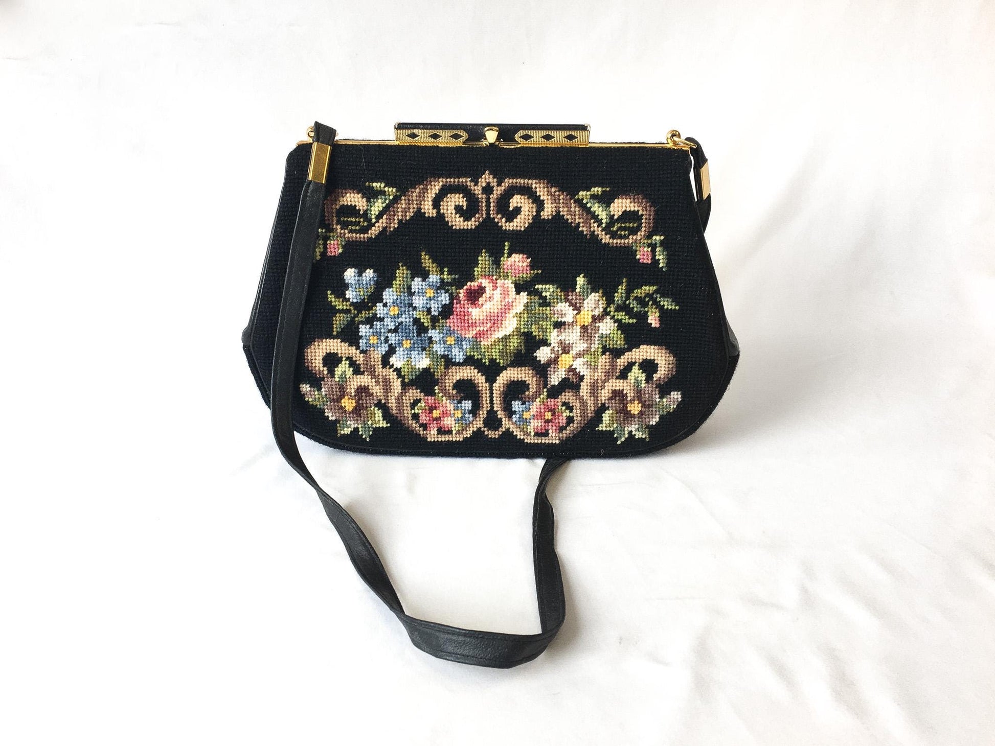 70s Black Floral Needlepoint Tapestry Crossbody Bag, Vintage Unique Boho Style Handbag
