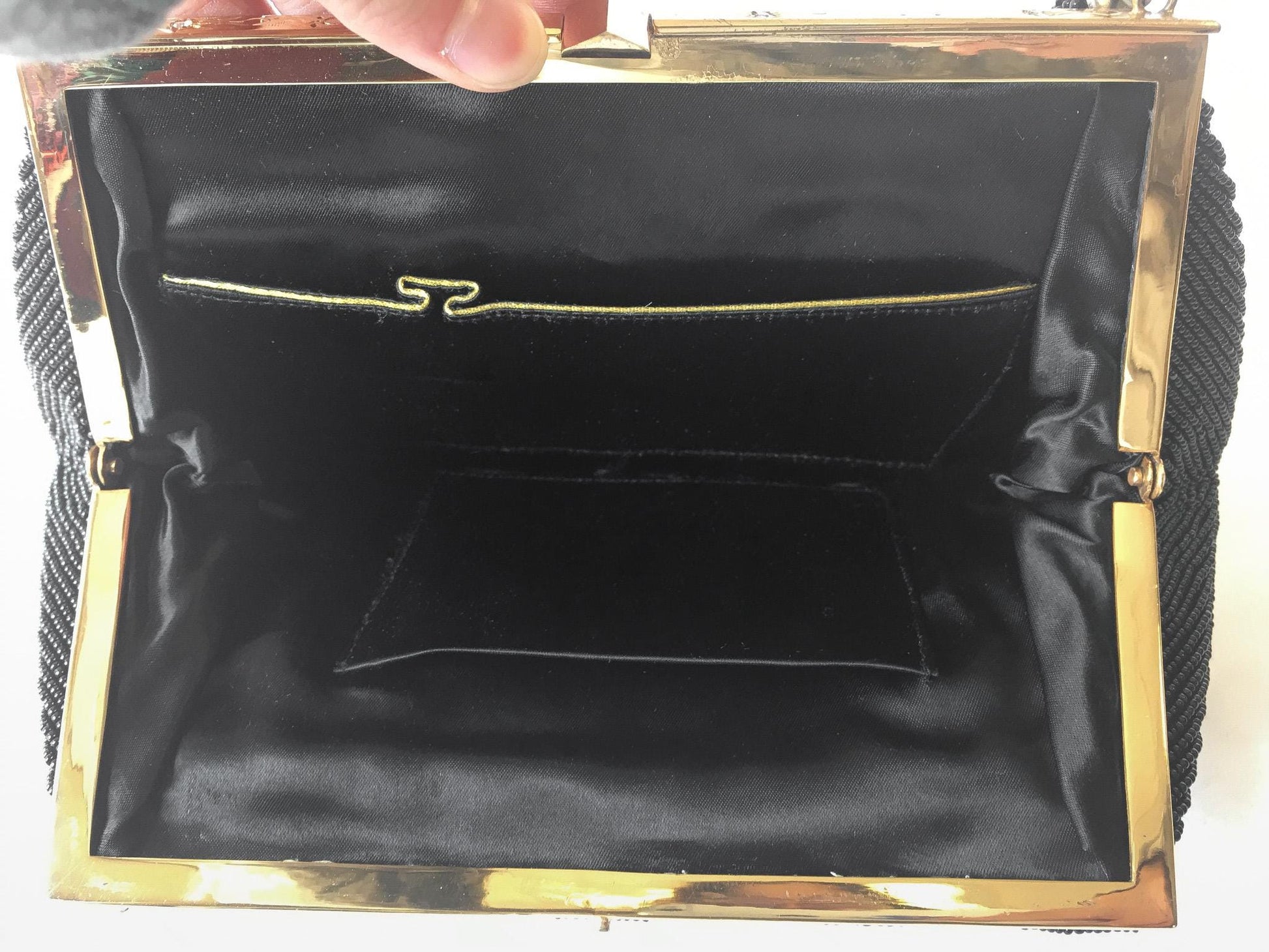 70s Black Floral Beaded Evening Bag Clutch, Vintage Cocktail Formal Handbag